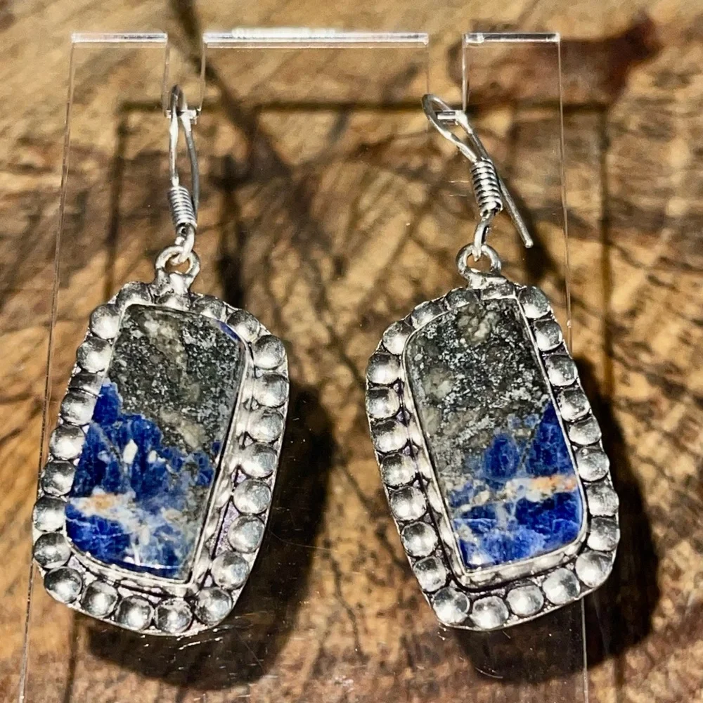 Navy Sodalite with Pyrite Earrings 1 1/2” - Picture 5 of 11
